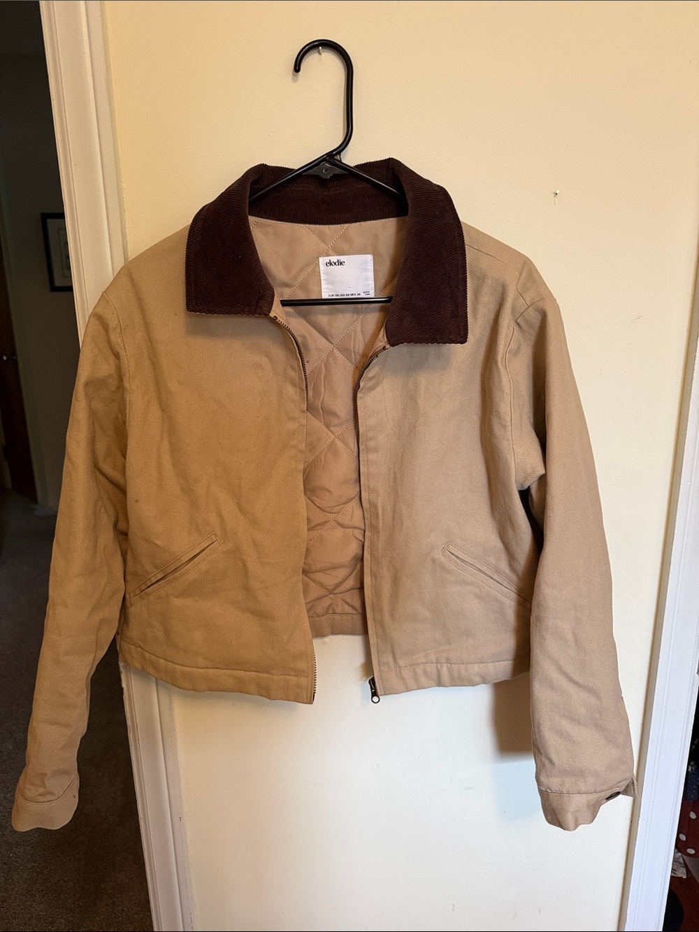 Elodie Tan Crop Bomber Jacket with Brown Corduroy Collar